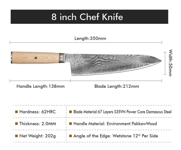 8-Inch 67 Layers Powder Damascus Chef Knife, Damascus Kitchen Knife, Professional Chef’s Knife, Damascus 8 inch Cooking Knife, Sharp Chef Knife